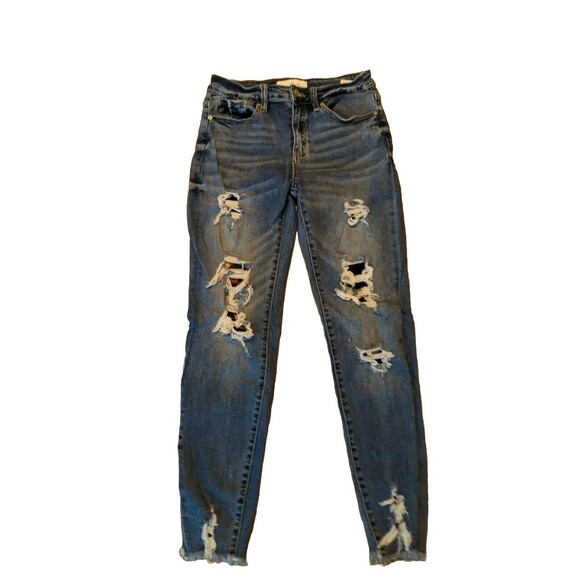 KanCan Jeans Womens 7/27 Skinny Blue Denim Mid Rise Distressed Raw Hem Stretch - Picture 1 of 12